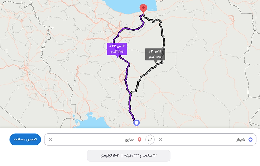 فاصله شیراز تا ساری چقدر است؟